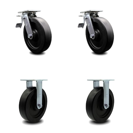 Polyolefin Swivel Top Plate Caster Set of 4 w/8" x 2" Black Wheels - Includes 2 Swivel with Total Lock Brakes & 2 Rigid - 3600 lbs Total Capacity - Service Caster Brand